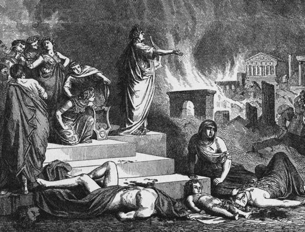Old engraving of Nero fiddling while Rome burns